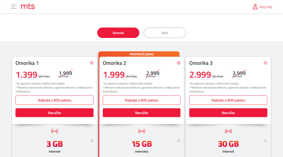 Tarife mobilne telefonije na sajtu MTS-a
