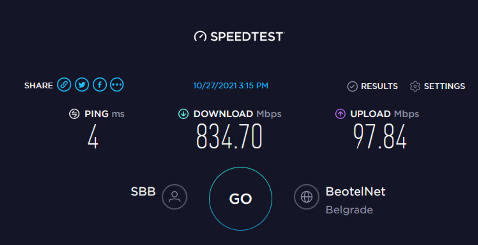 SpeedTest 1 Gbps optika - SBB optički Internet u Sremskoj Mitrovici